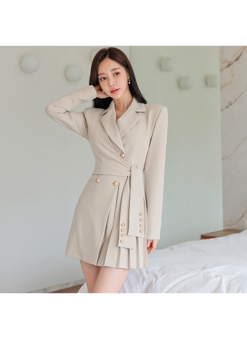 Generic Chic Blazer Dress Elegant Pleated Autumn Fashion Light khaki  - Image 1