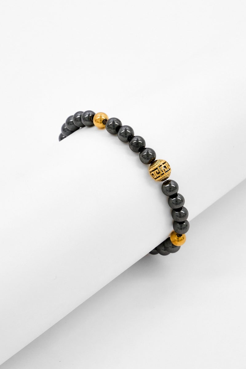 Steeltime Men Greek Key Accented Beaded Bracelet, Dark Grey - Image 1