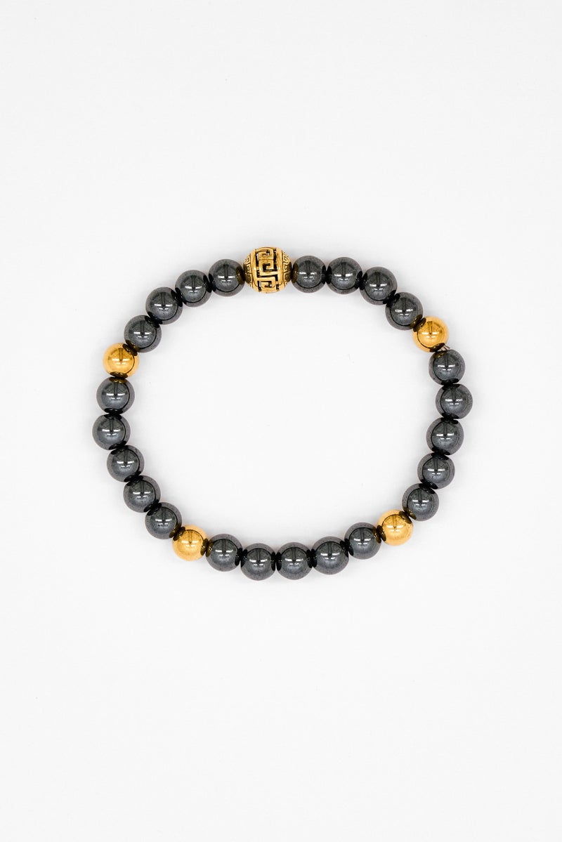 Steeltime Men Greek Key Accented Beaded Bracelet, Dark Grey - Image 4