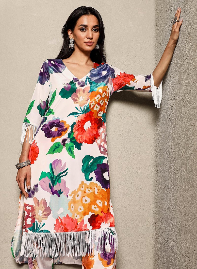 QISSA Women's Powder White Botanical Cluster Kurti With Trousers - Image 5