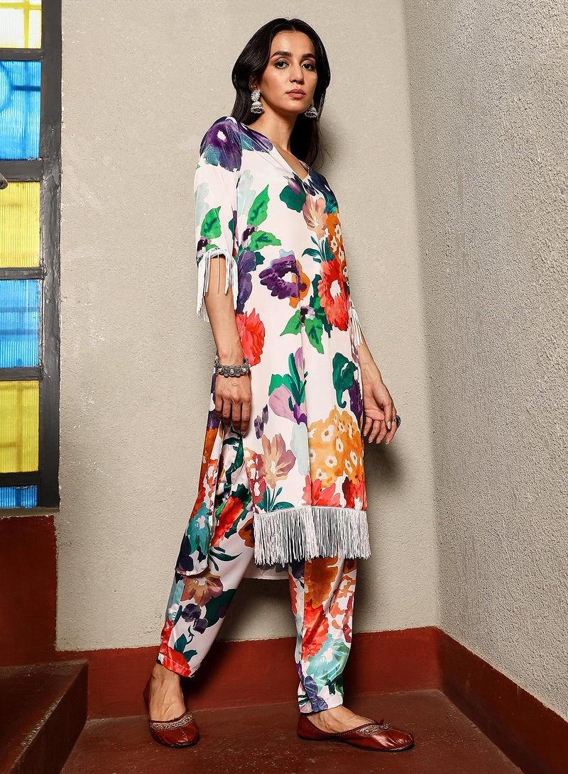 QISSA Women's Powder White Botanical Cluster Kurti With Trousers - Image 3