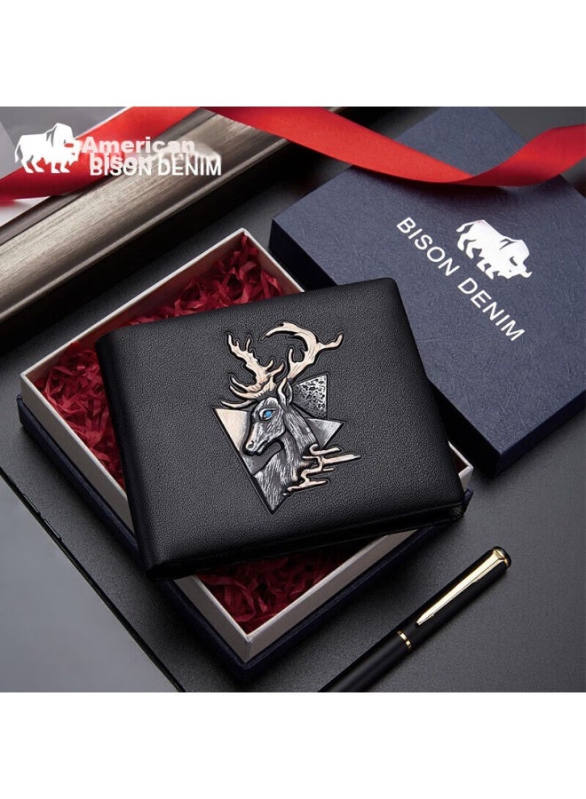 American Bison Meizhouyeniou Men's Genuine Leather Wallet, Short Card Holder, Top-grain Cowhide, 3d Embossed Deer Head Design, Men's Birthday Gift - Image 1