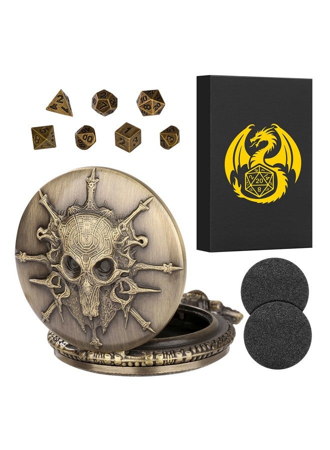 Keller & Weber Mini Dnd Dice Set Steampunk Warlock Pocket Watch Shell Case, 7Pcs Polyhedral Metal D&D Dice Set, Dnd Gifts With Gift Box For Gamer, Role Playing Board Games Accessories, Bronze - Image 3