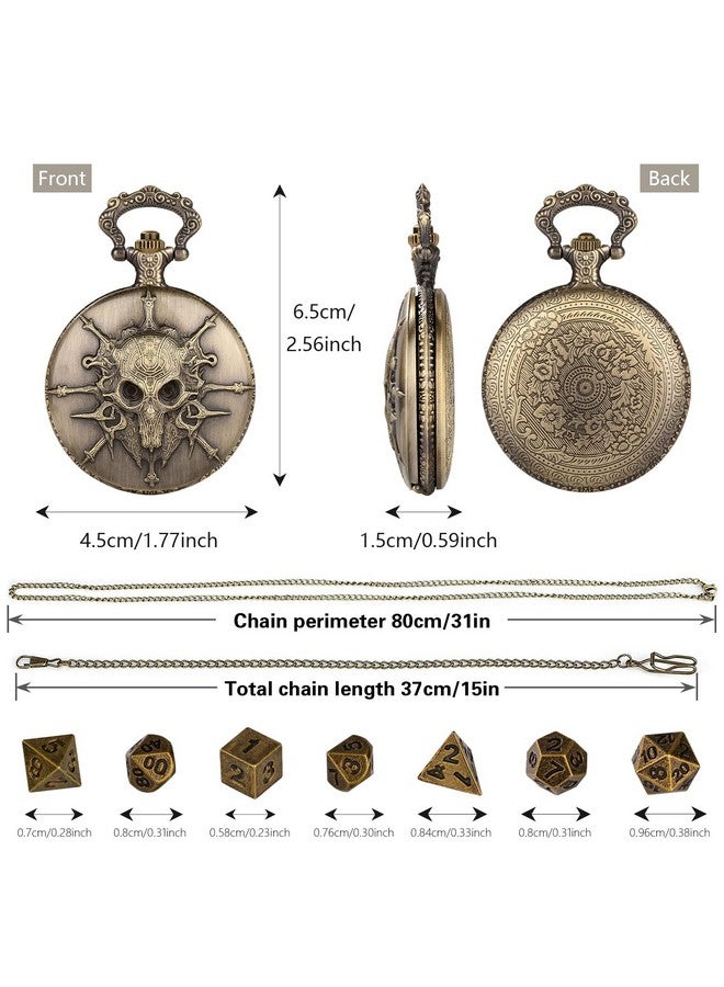 Keller & Weber Mini Dnd Dice Set Steampunk Warlock Pocket Watch Shell Case, 7Pcs Polyhedral Metal D&D Dice Set, Dnd Gifts With Gift Box For Gamer, Role Playing Board Games Accessories, Bronze - Image 4