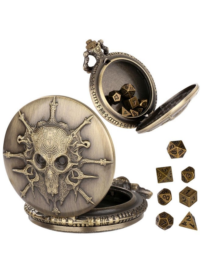 Keller & Weber Mini Dnd Dice Set Steampunk Warlock Pocket Watch Shell Case, 7Pcs Polyhedral Metal D&D Dice Set, Dnd Gifts With Gift Box For Gamer, Role Playing Board Games Accessories, Bronze - Image 1