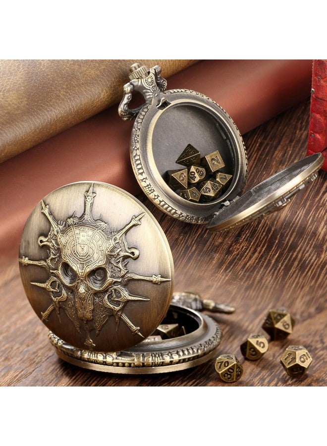 Keller & Weber Mini Dnd Dice Set Steampunk Warlock Pocket Watch Shell Case, 7Pcs Polyhedral Metal D&D Dice Set, Dnd Gifts With Gift Box For Gamer, Role Playing Board Games Accessories, Bronze - Image 5