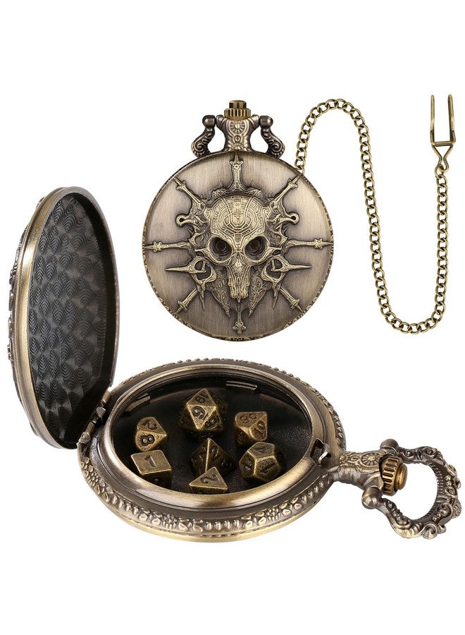 Keller & Weber Mini Dnd Dice Set Steampunk Warlock Pocket Watch Shell Case, 7Pcs Polyhedral Metal D&D Dice Set, Dnd Gifts With Gift Box For Gamer, Role Playing Board Games Accessories, Bronze - Image 2