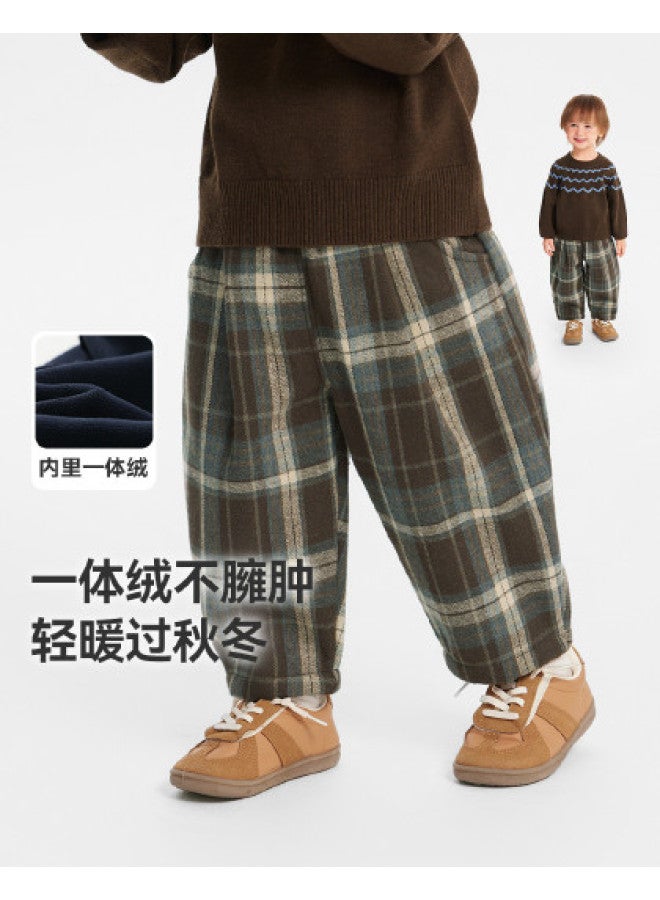One-piece Fleece] Boys' Pants Thickened Winter Baby Plaid Children's Casual Pants 2025 New Style - Image 1