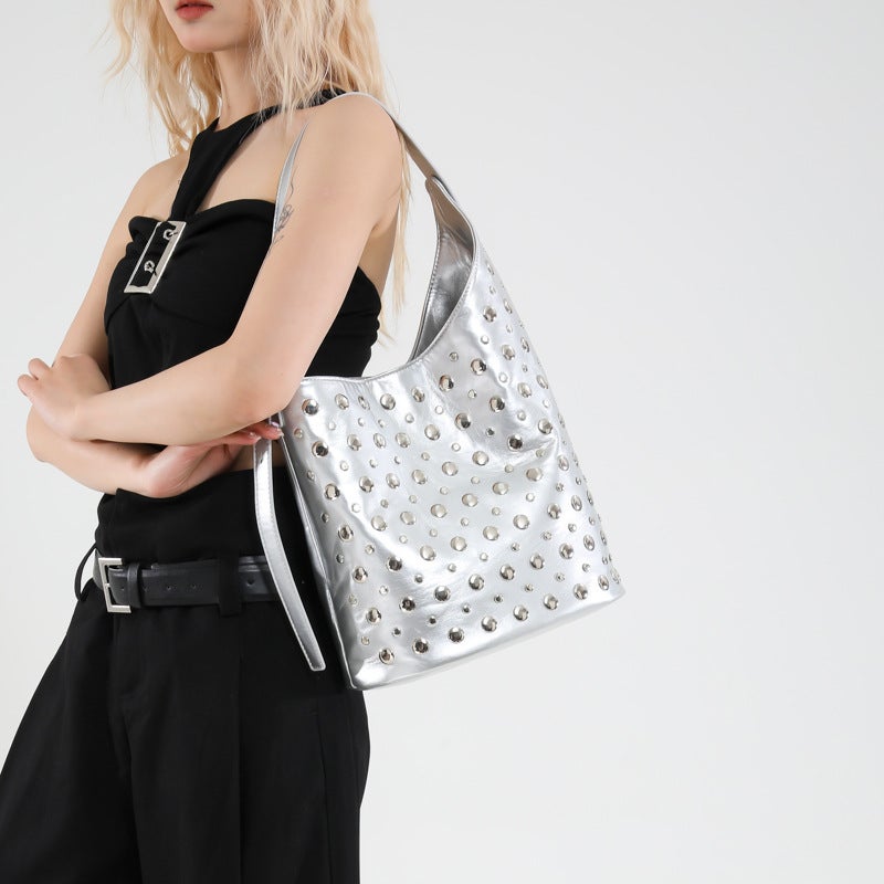 Punk Style Polka Dot Rivet Shoulder Bucket Bag For Women 2025 Personalized Trendy Cool Versatile Handbag Trend - Image 4