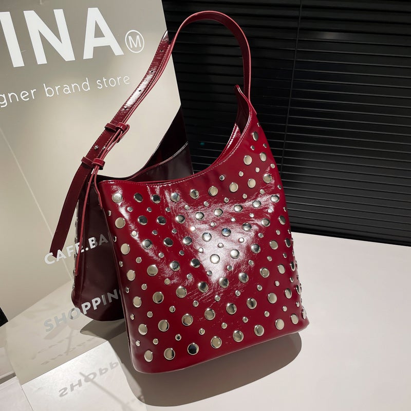 Punk Style Polka Dot Rivet Shoulder Bucket Bag For Women 2025 Personalized Trendy Cool Versatile Handbag Trend - Image 2