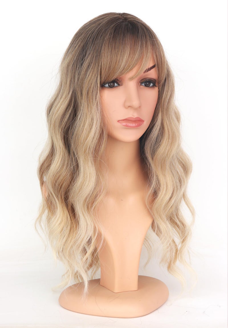 SYMEIW Ombre Dirty Blonde Wavy Wigs With Bangs For Women Medium Long Ash Blonde Synthetic Wigs For Daily Use ï¼ˆDirty Blondeï¼‰ - Image 2