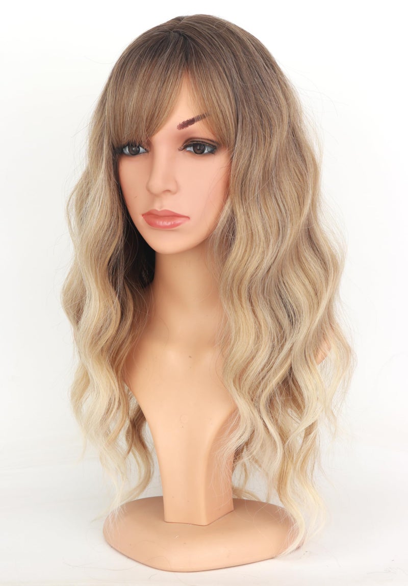 SYMEIW Ombre Dirty Blonde Wavy Wigs With Bangs For Women Medium Long Ash Blonde Synthetic Wigs For Daily Use ï¼ˆDirty Blondeï¼‰ - Image 3