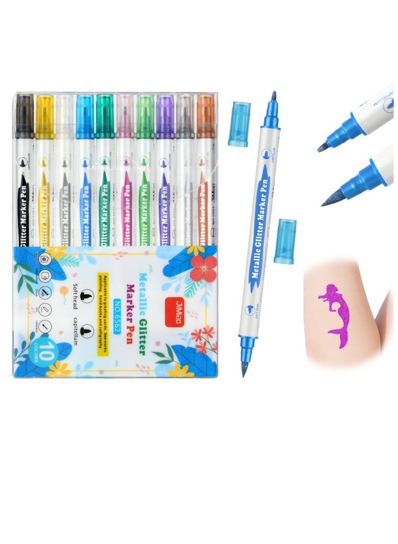 Glitter Temporary Tattoo Pen Set for Kids, 10 Double-ended Markers for Fun Party Dress Up and Creative Body Art - Image 1
