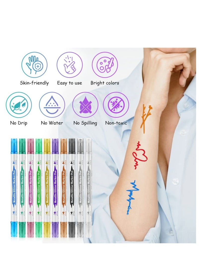 Glitter Temporary Tattoo Pen Set for Kids, 10 Double-ended Markers for Fun Party Dress Up and Creative Body Art - Image 3