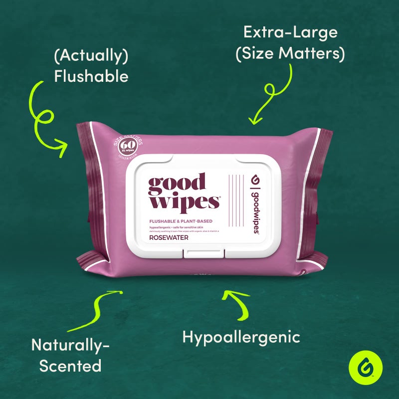 goodwipes Flushable Butt Wipes Made with Vitamin E & Aloe â€“ Soft & Gentle Wet Wipe Dispenser for Home Use, Septic & Sewer Safe â€“ Largest Adult Toilet Wipes â€“ Rosewater, 60 Count - Image 2