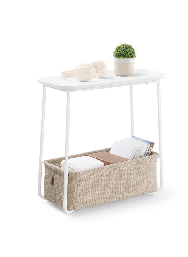 VASAGLE End Table, Small Bedside Table with Fabric Basket, Modern Nightstand, Rectangular Side Table, for Living Room, Bedroom, Matte White and Camel Brown ULET230W10 - Image 1