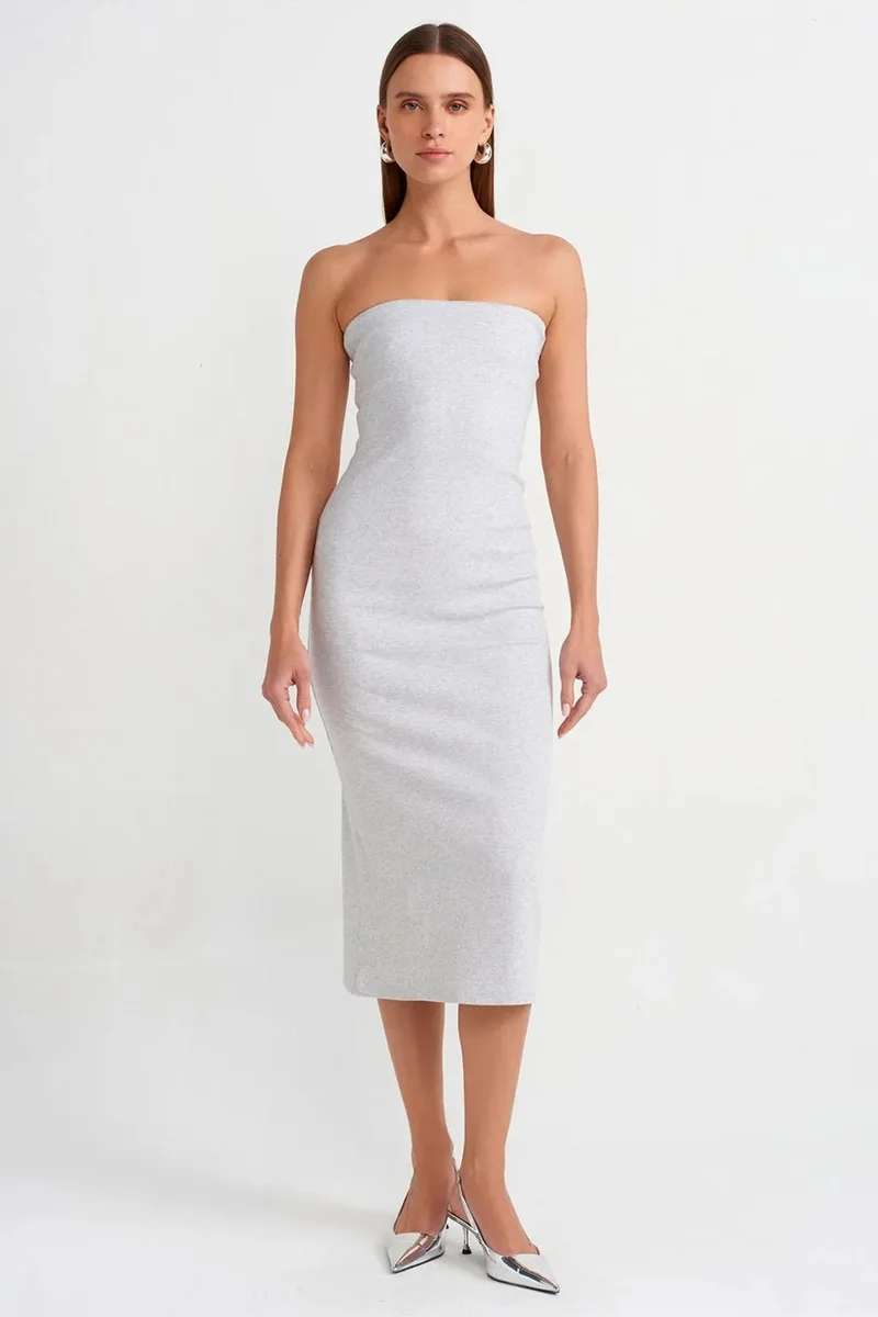 Dilvin Light Grey DILVIN Strapless Bodycon Midi Dress for Women | Best Price UAE