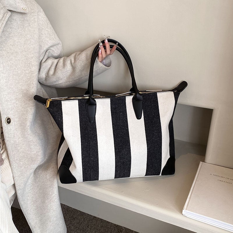 Large Capacity Striped Tote Canvas Commuter Women'S Bag Short-Distance Travel Bag Fashion All-Match Shoulder Portable Women'S Bag - Image 2