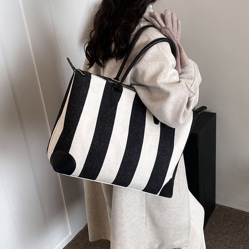 Large Capacity Striped Tote Canvas Commuter Women'S Bag Short-Distance Travel Bag Fashion All-Match Shoulder Portable Women'S Bag - Image 4