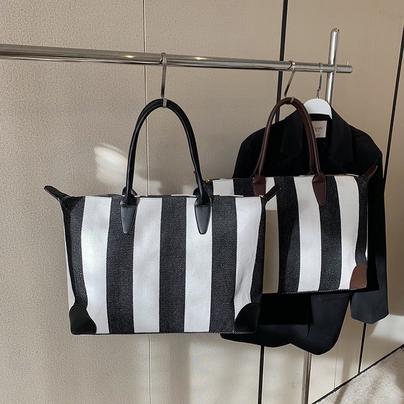 Large Capacity Striped Tote Canvas Commuter Women'S Bag Short-Distance Travel Bag Fashion All-Match Shoulder Portable Women'S Bag - Image 3