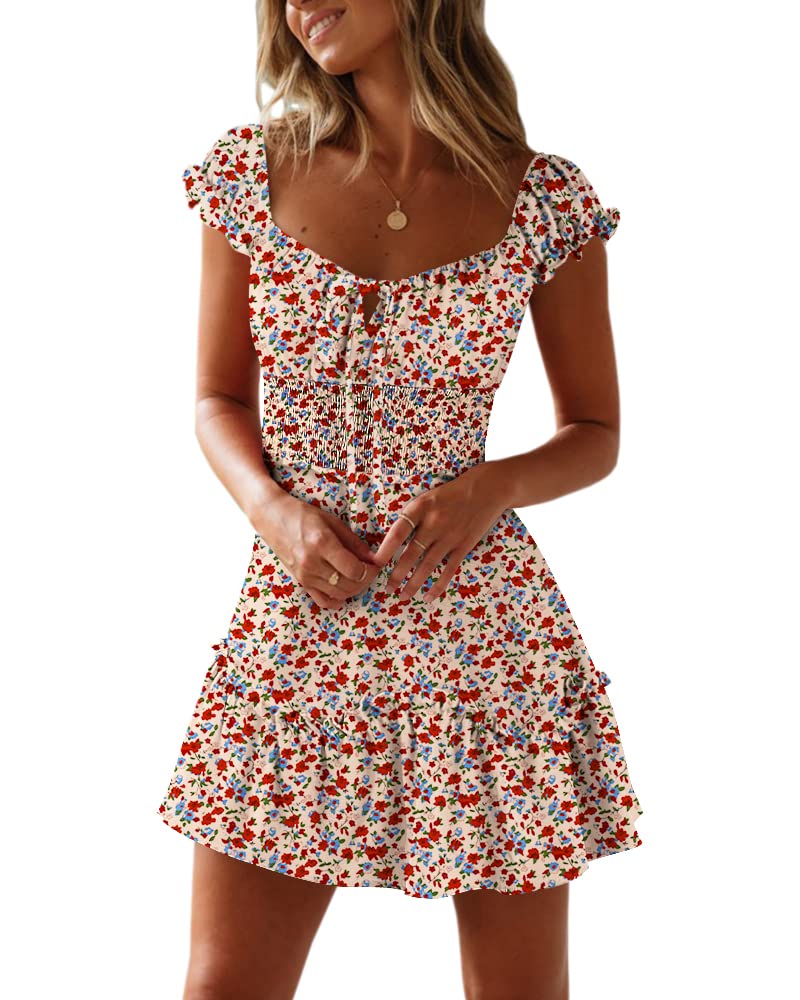 YOBECHO Womens Summer Ruffle Sleeve Sweetheart Neckline Printing Dress Mini Dresses - Image 1