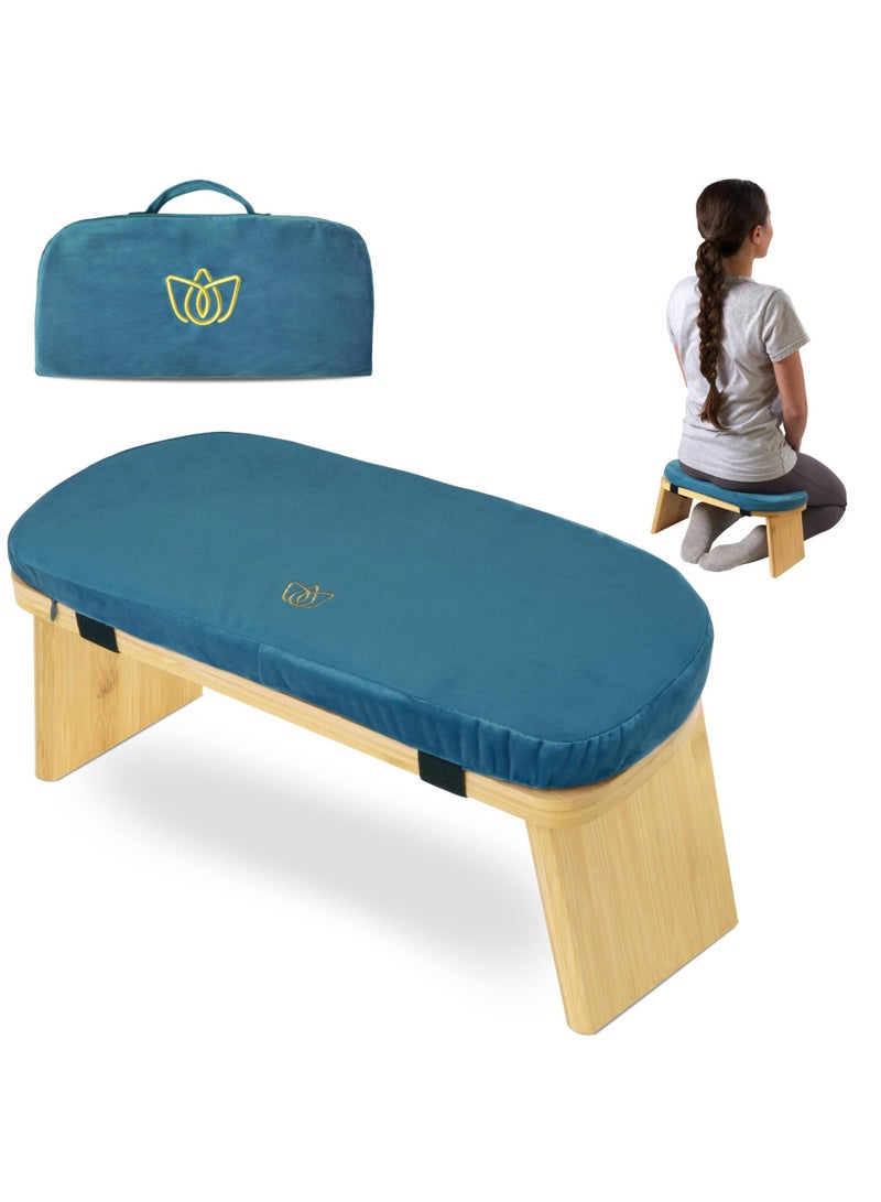 Generic Prostration chair is a prayer chair for Muslims.Embroidery Removable Yoga Meditation Stool, Home Kneeling Meditation Stool Wooden Kneeling Stool Prayer Stool (Blue) - Image 1
