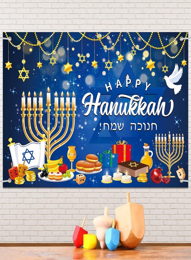 Lucleag Happy Hanukkah Backdrop Banner, 71 x 43 Inch Menorah Blue Shiny Lamps Chanukah Party Background for Hanukkah Decorations, Banner Photography Backdrop for Hanukkah Party Supplies - Image 1