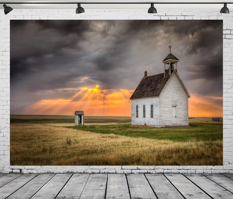 Loccor Fabric 8x6ft Countryside Photography Backdrop Old Abandoned Church Sunset Sun Rays Clouds Field Nature Scenery Background Adult Children Outdoor Portrait Video Photo Booth Studio Props - Image 4