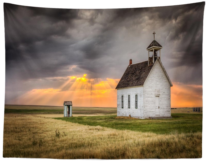 Loccor Fabric 8x6ft Countryside Photography Backdrop Old Abandoned Church Sunset Sun Rays Clouds Field Nature Scenery Background Adult Children Outdoor Portrait Video Photo Booth Studio Props - Image 5
