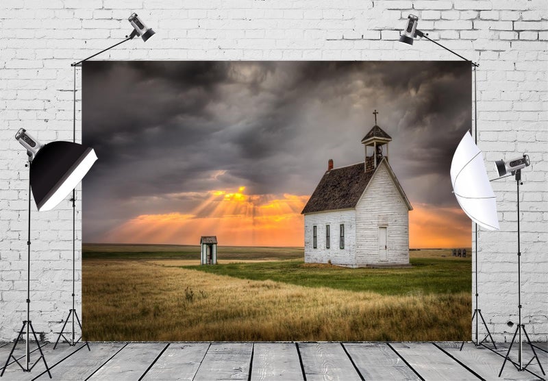 Loccor Fabric 8x6ft Countryside Photography Backdrop Old Abandoned Church Sunset Sun Rays Clouds Field Nature Scenery Background Adult Children Outdoor Portrait Video Photo Booth Studio Props - Image 2