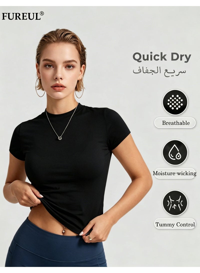 فوريول تيشيرت نسائي سريع الجفاف، تيشيرت رياضي بأكمام قصيرة وقصة ضيقة، قميص رياضي يسمح بمرور الهواء ويمتص الرطوبة، مناسب لليوغا والجيم والارتداء اليومي (أسود) - Image 1