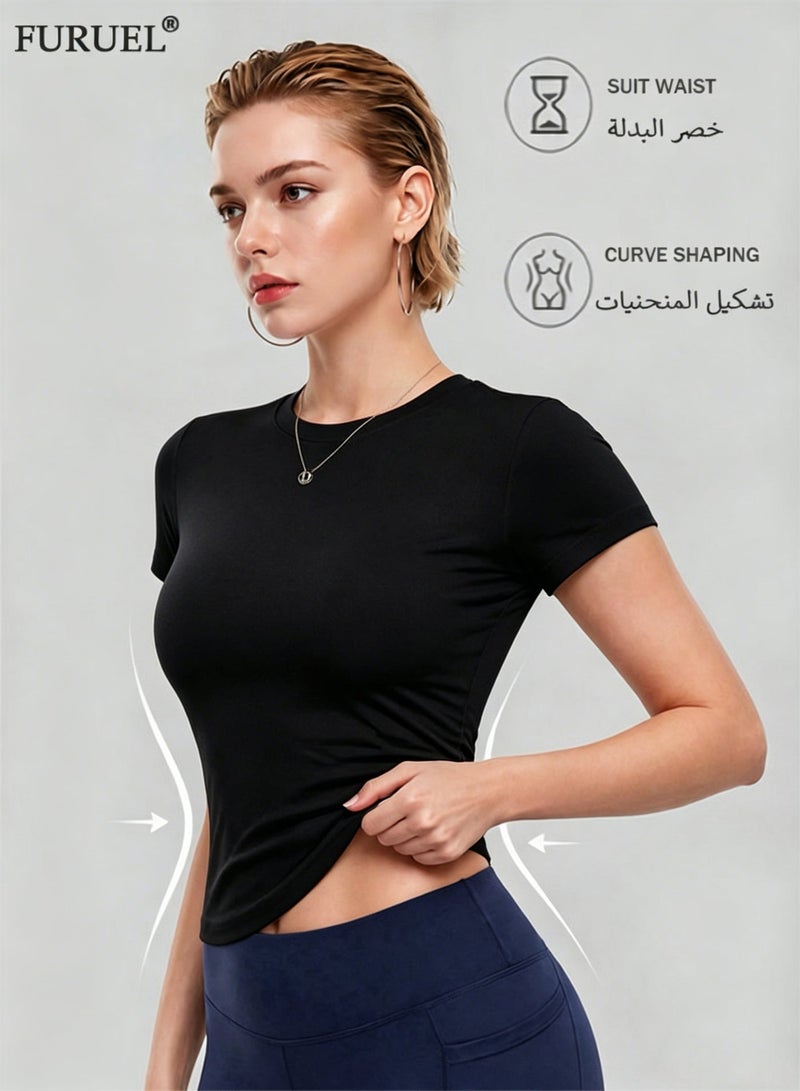 فوريول تيشيرت نسائي سريع الجفاف، تيشيرت رياضي بأكمام قصيرة وقصة ضيقة، قميص رياضي يسمح بمرور الهواء ويمتص الرطوبة، مناسب لليوغا والجيم والارتداء اليومي (أسود) - Image 3