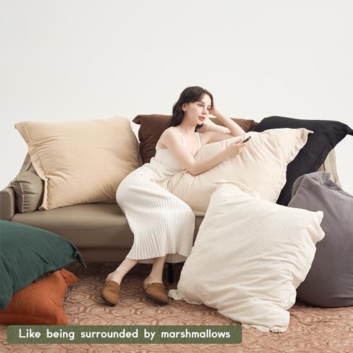 COCO TOP Set of 3 Oversized Throw Pillow Cover 28x28inch,Super Soft Striped Corduroy Neutral Earth Tones Pillow Cases for Bedroom,Living Room, Sofa Lounges,Girl Room（Camel, Beige & Pure White） - Image 3