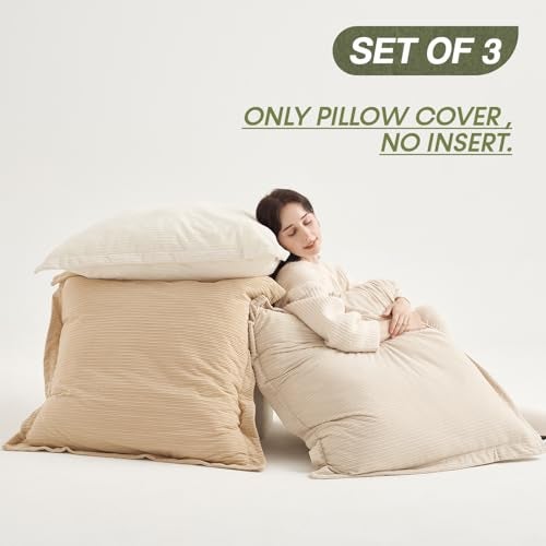 COCO TOP Set of 3 Oversized Throw Pillow Cover 28x28inch,Super Soft Striped Corduroy Neutral Earth Tones Pillow Cases for Bedroom,Living Room, Sofa Lounges,Girl Room（Camel, Beige & Pure White） - Image 2
