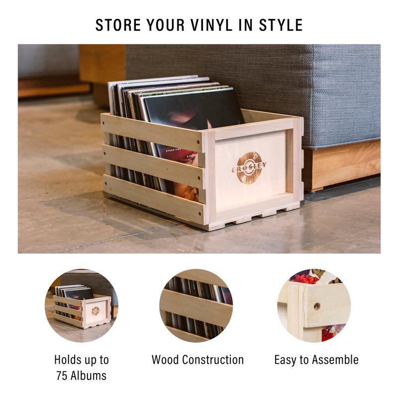 Crosley AC1004A-NA Record Storage Crate Holds Up to 75 Albums, Natural - Image 2