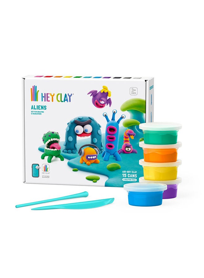 HEY CLAY Aliens Set-Colourful Modeling Kids-Air Dry Clay Kit 15 Cans And Sculpting Tools - Image 1