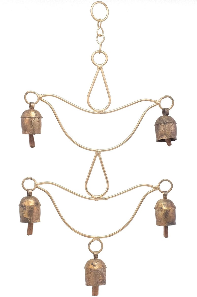 Ethnics of Kutch Ethnics of Kutch Hand Made Metal Bells Wrought Iron CopperZinc Coated Home Dcor Chimes Cow Bell Double Diva 5 Bells 28 cms Length Colour Copper BEL0026 - Image 1