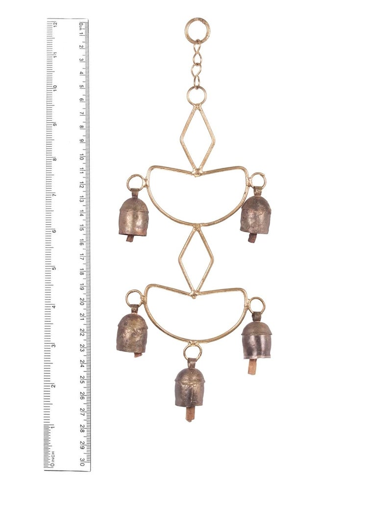 Ethnics of Kutch Ethnics of Kutch Hand Made Metal Bells Wrought Iron CopperZinc Coated Home Dcor Chimes Cow Bell Double Diva 5 Bells 28 cms Length Colour Copper BEL0026 - Image 4