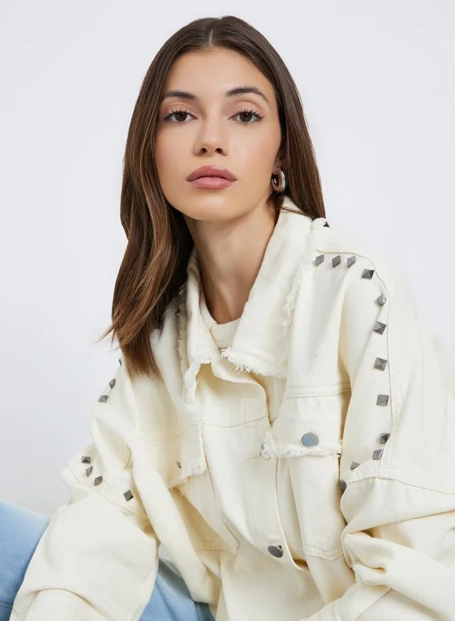Styli Cream Studded Oversized Denim Shirt with Frayed Edge