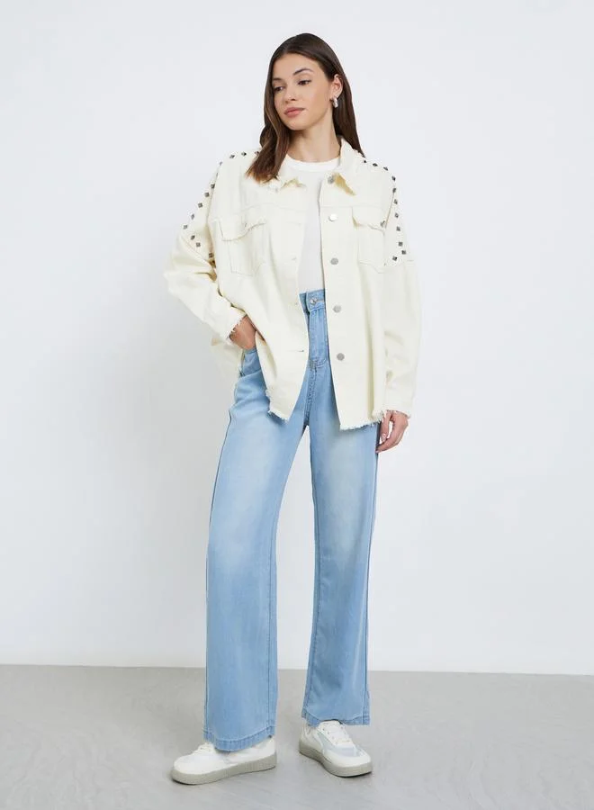 Styli Cream Studded Oversized Denim Shirt with Frayed Edge