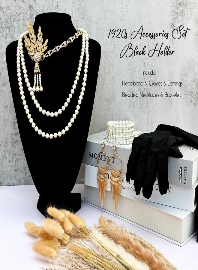 iHUFeather Women 1920s Flapper Set with Feather Headband Beaded Necklaces Earrings Black Gloves for Great Vintage Wedding Costume Accessories - Image 4