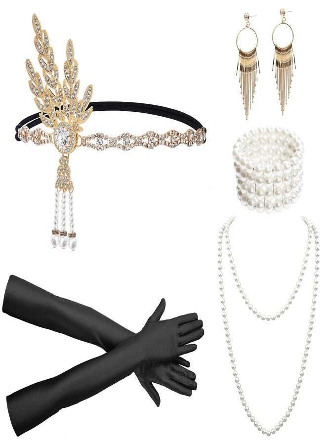 iHUFeather Women 1920s Flapper Set with Feather Headband Beaded Necklaces Earrings Black Gloves for Great Vintage Wedding Costume Accessories - Image 1