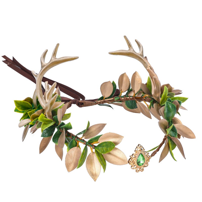 MOSTORY Woodland Fairy Antler Crown Forest Elf Crown Flower Deer Horns Circlet for Women Renaissance Cosplay Renfaire Costume Photo Shoot