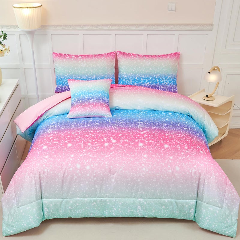 PERFEMET Girls Comforter Set with Sheets 6 Pieces Full Size Bedding Set Blue Pink Green Ombre Bed in A Bag Rainbow Tie Dye Kids Bed Sets Grandient Glitter Full Comforter Sets