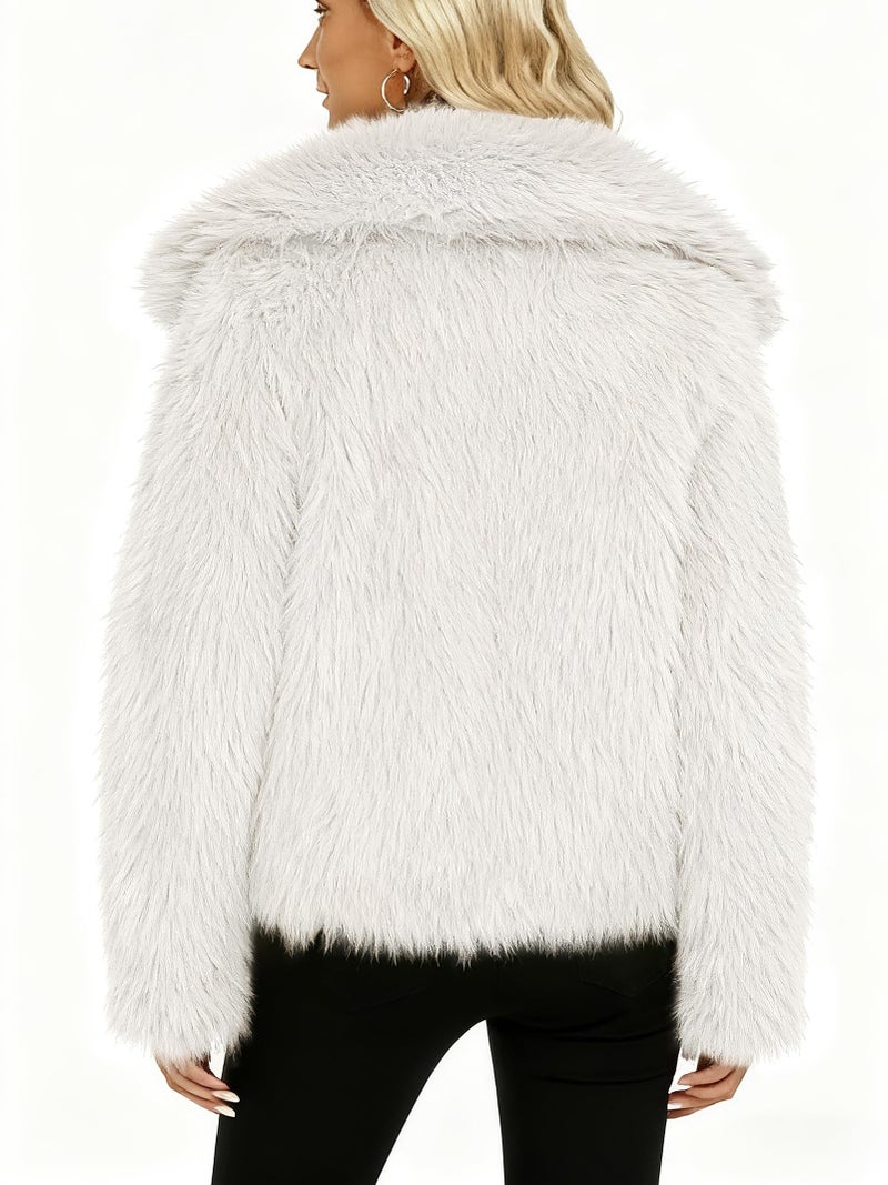 Funlingo Womens Winter Faux Fur Coat Casual Warm Long Sleeve Cropped Shaggy Jacket 2025 Trendy Overcoat White M - Image 4