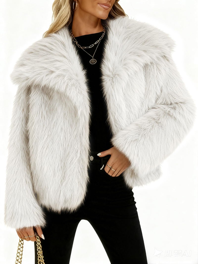 Funlingo Womens Winter Faux Fur Coat Casual Warm Long Sleeve Cropped Shaggy Jacket 2025 Trendy Overcoat White M - Image 2