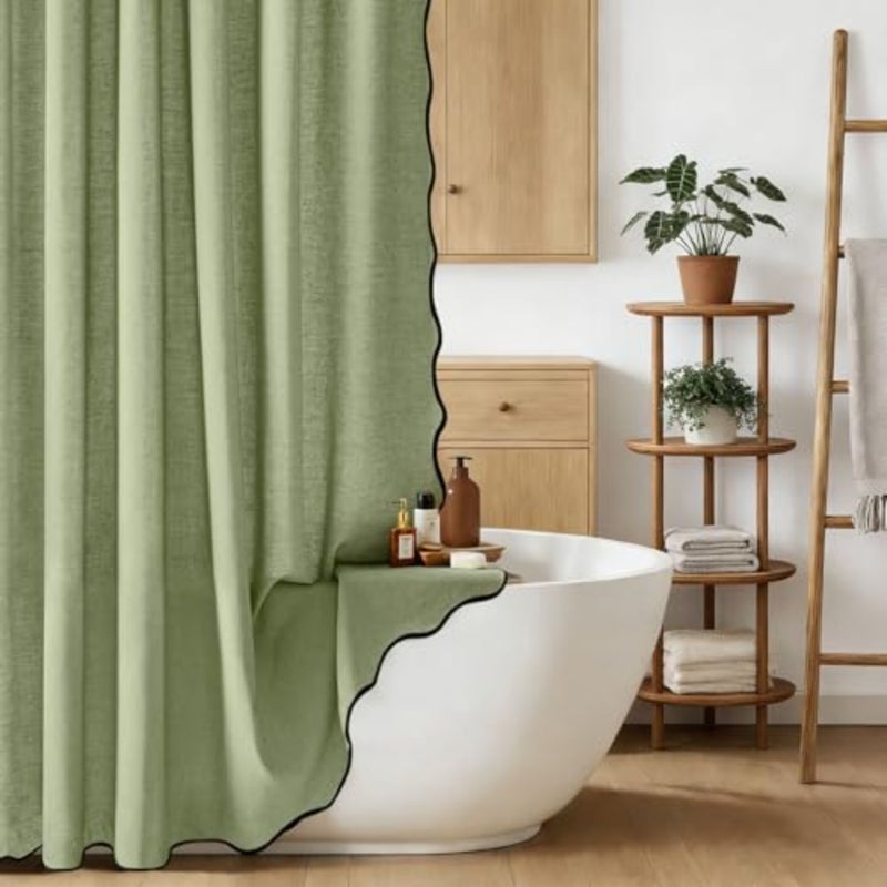 keyiLinen Shower Curtain, Scalloped Bathroom Curtain with 12 Metal Hooks, Boho Heavy Duty Washable Waterproof Thick Cloth Shower Curtains Liner with Black Border for Bathroom Hotel Bathtub - Image 1