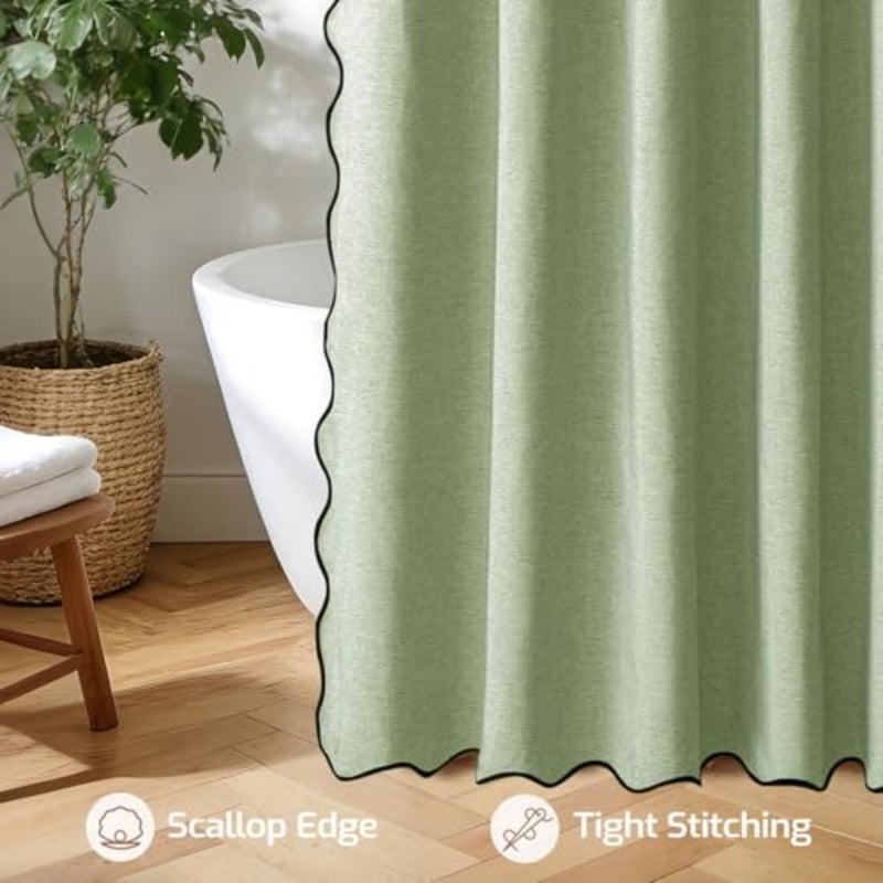 keyiLinen Shower Curtain, Scalloped Bathroom Curtain with 12 Metal Hooks, Boho Heavy Duty Washable Waterproof Thick Cloth Shower Curtains Liner with Black Border for Bathroom Hotel Bathtub - Image 3