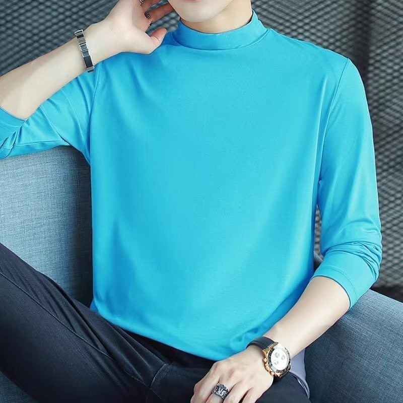 Autumn long-sleeved t-shirt men's solid color autumn clothes pure cotton modal half-turtleneck trendy Korean version thin mid-neck base shirt - Image 2