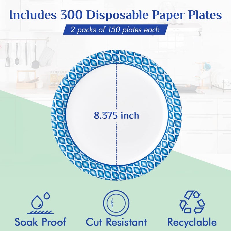 MUCHII 8.375 Inch Disposable Paper Plates, 300 Count Soak and Cut Proof Printed Paper Plates for Daily Use, Holiday for Family Gatherings, Parties, Picnic - Image 3